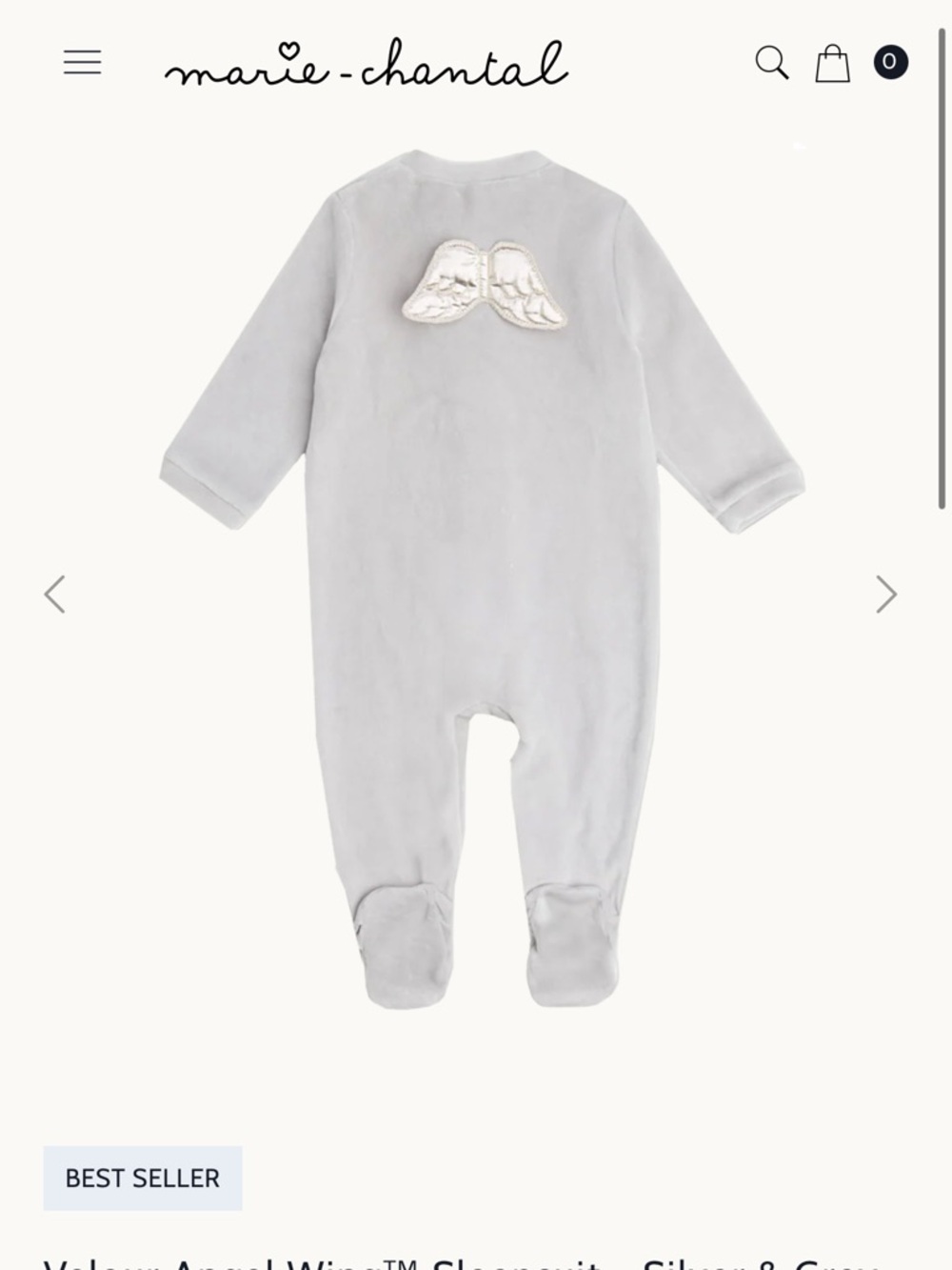Marie Chantal Silver-Grey Velour Angel Wing Footed Sleepsuit